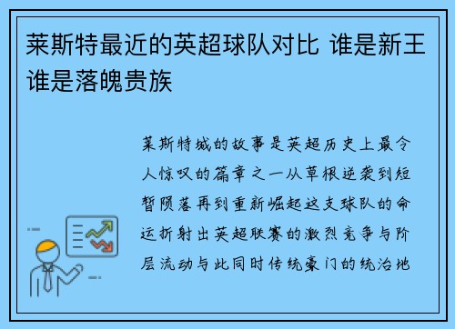 莱斯特最近的英超球队对比 谁是新王谁是落魄贵族